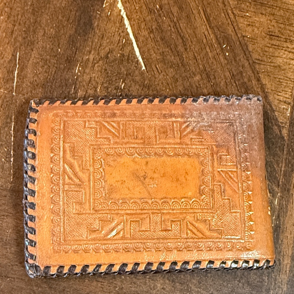 Hand-Tooled Brown Leather Bifold Wallet does show some wear - Picture 2 of 3
